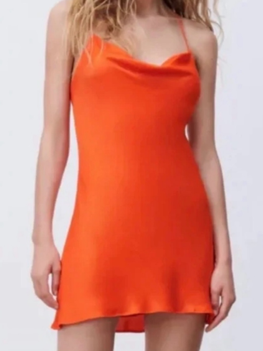 Zara Bright Orange Satin Cowl Mini Dress
